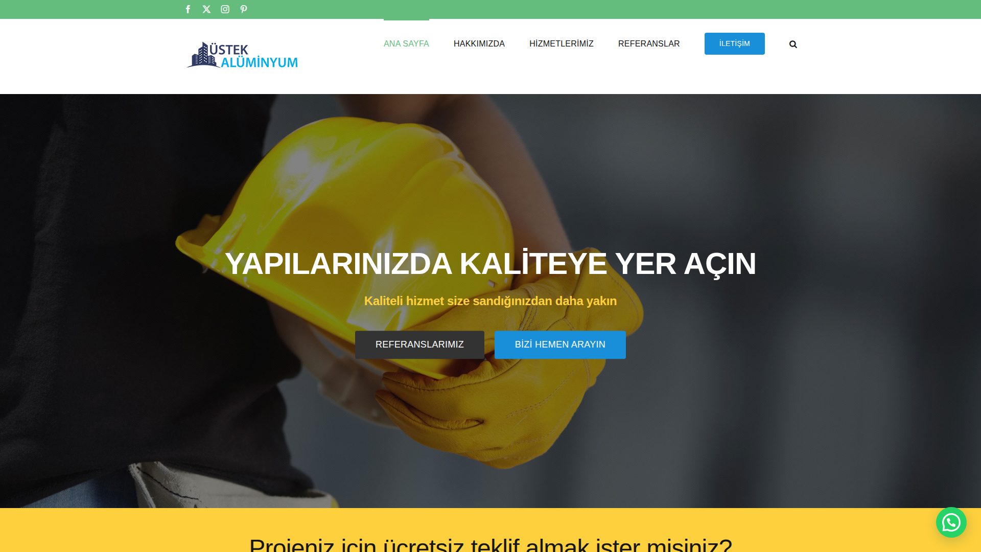 Üstek Alüminyum ana sayfa görüntüsü